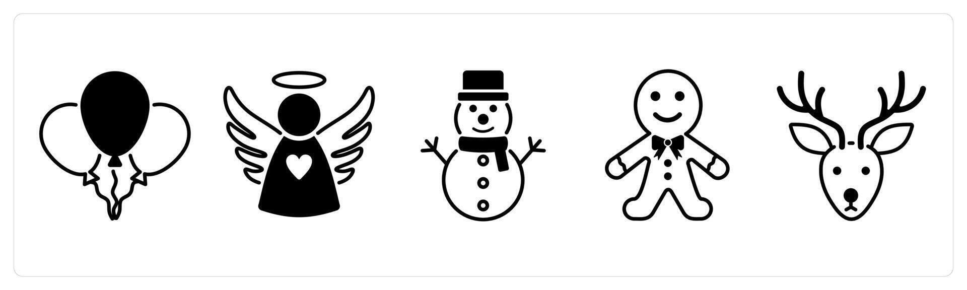 Set of 5 Christmas icons in black color as balloon, angel, snowman vector