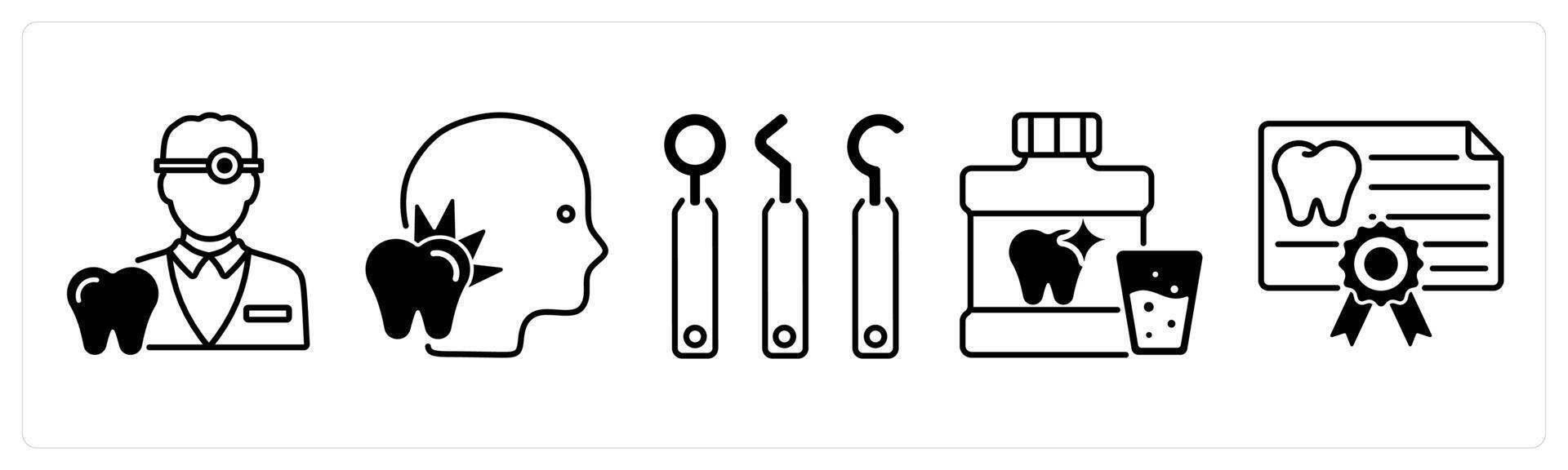 Set of 5 Dental Care icons in black color as dentist, toothache, dental equipment vector
