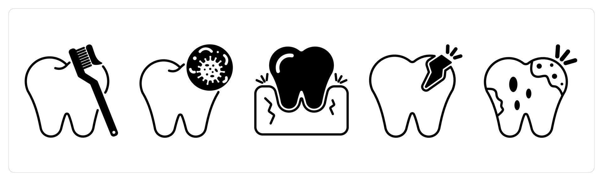 Set of 5 Dental Care icons in black color as oral hygiene, tooth bacteria, gingivitis vector