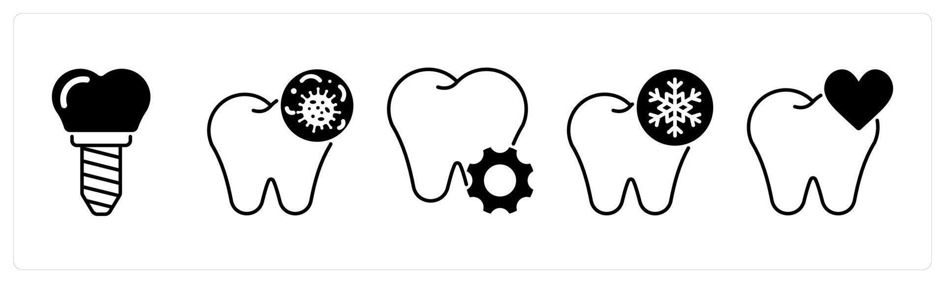 Set of 5 Dental Care icons in black color as tooth implant, tooth bacteria, tooth repair vector