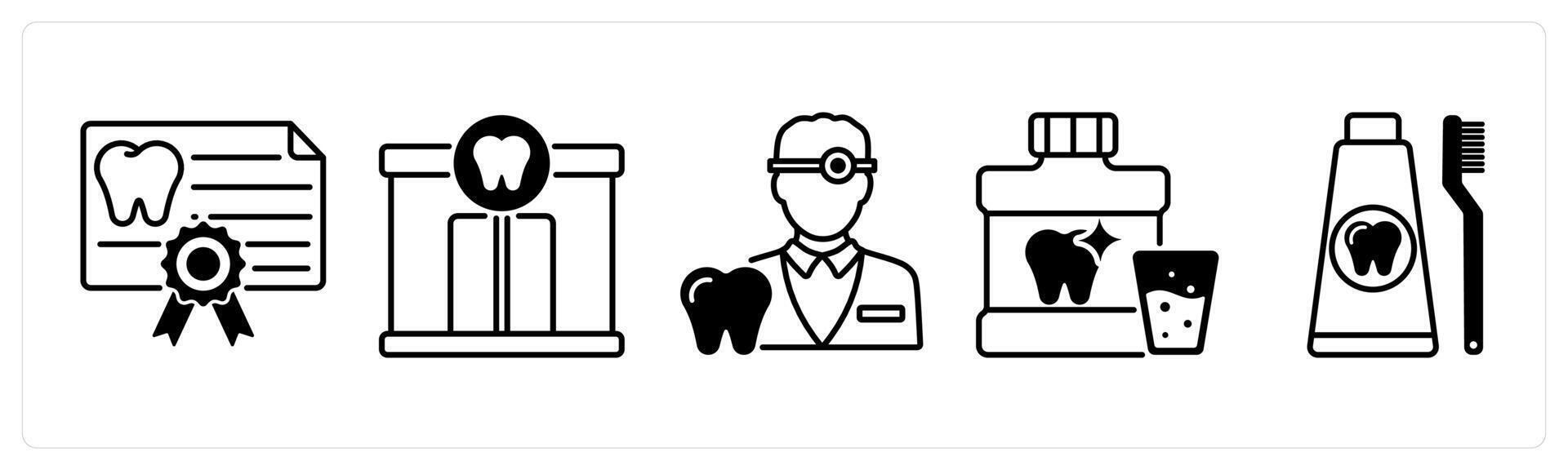 Set of 5 Dental Care icons in black color as dental certificate, dental clinic, dentist vector