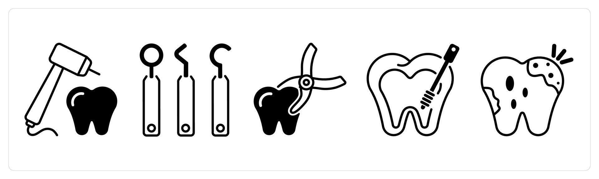 Set of 5 Dental Care icons in black color as tooth drill, dental equipment, tooth remove vector