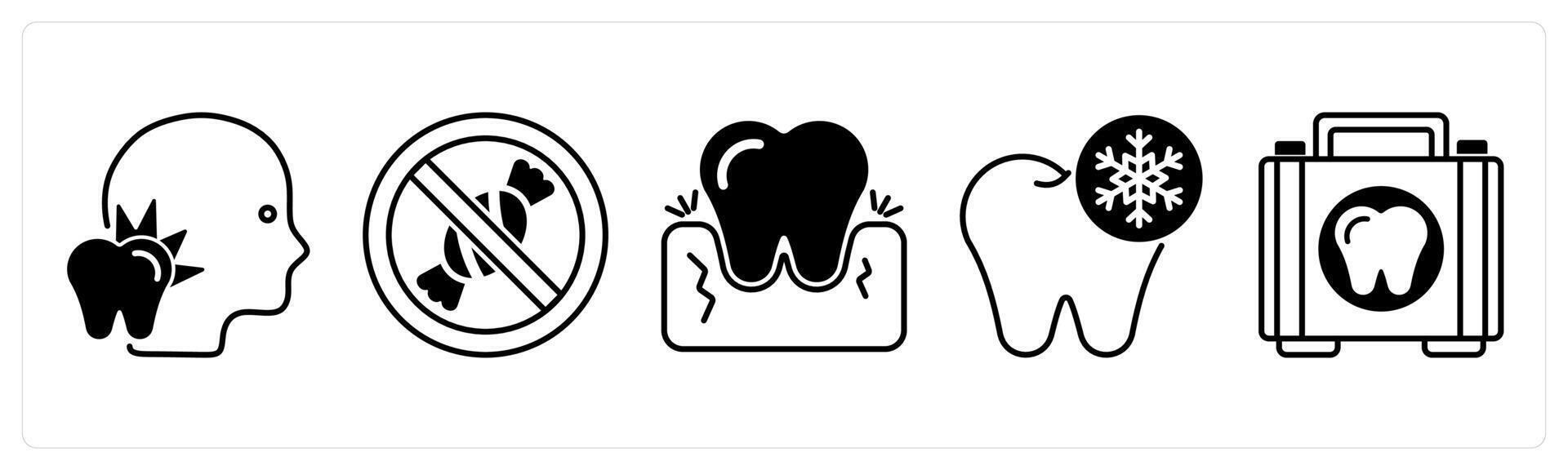 Set of 5 Dental Care icons in black color as toothache, no sweets, gingivitis vector