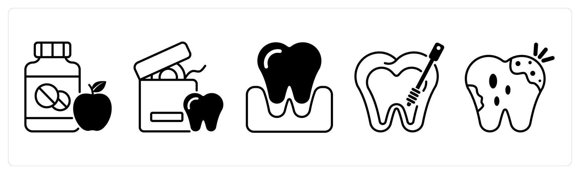 Set of 5 Dental Care icons in black color as vitamins, dental floss, tooth extraction vector