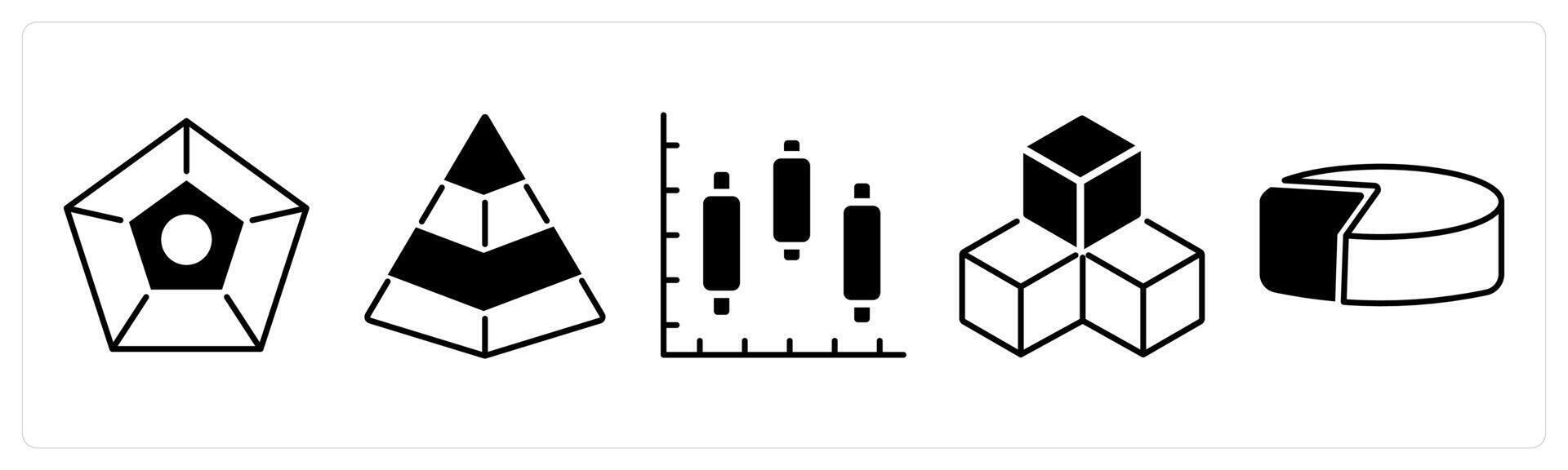 Set of 5 Diagram icons in black color as pentagon, pyramid graph, intervals vector