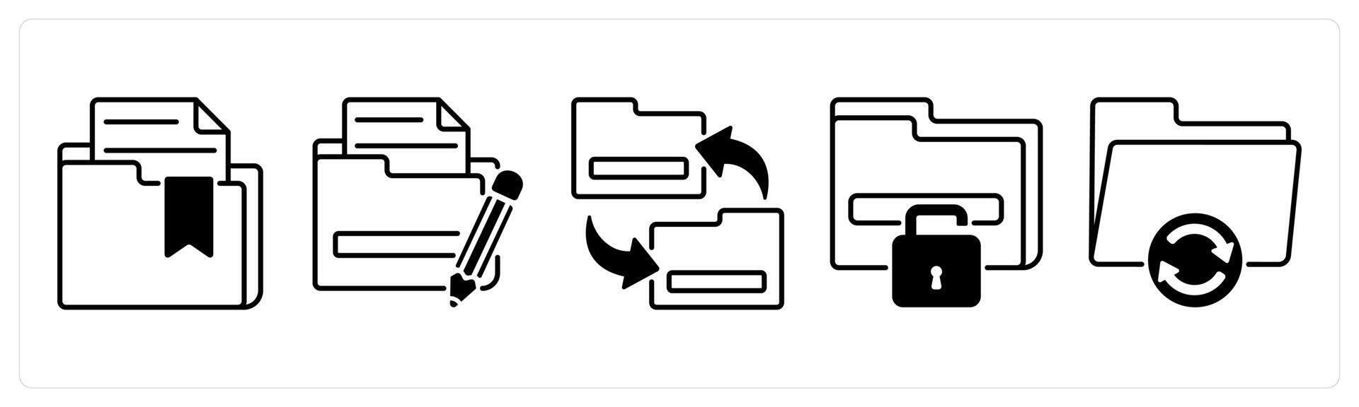 Set of 5 Files icons in black color as important folder, edit folder, exchange files vector