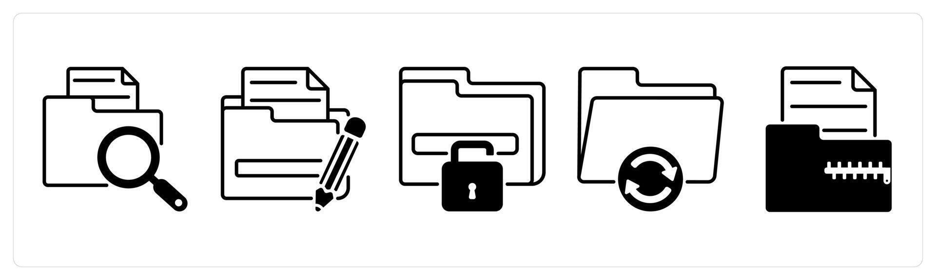 Set of 5 Files icons in black color as search file, edit folder, unlock folder vector