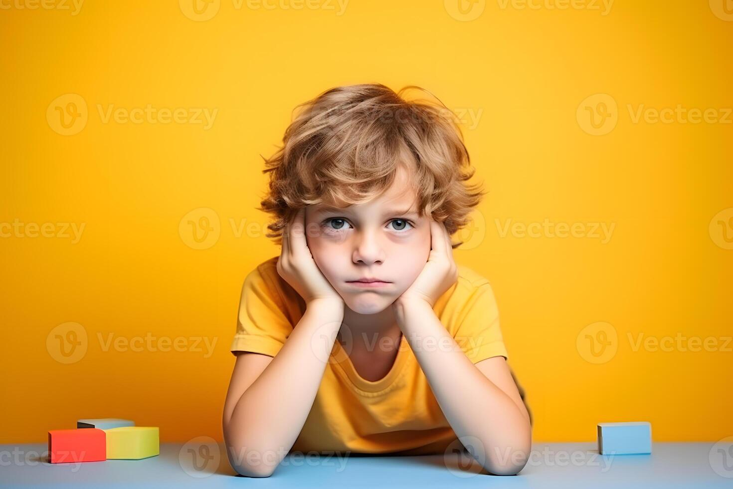 Studio portrait of a little boy being bored, isolated on colorful background. Kids emotions or moods concept. photo