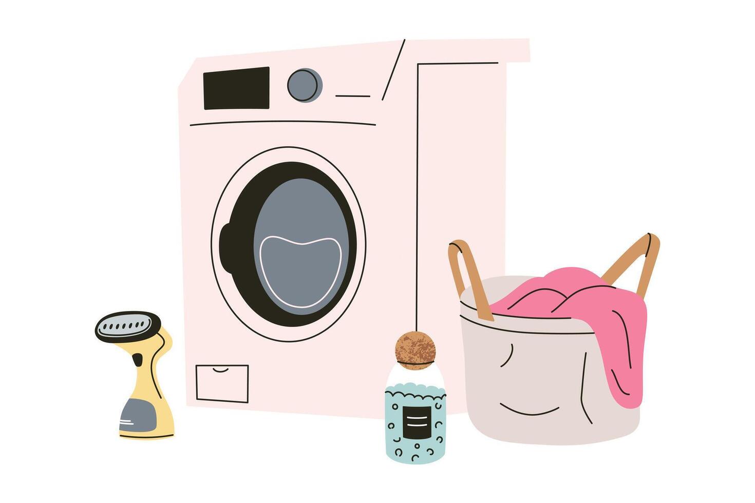 illustration of flat cartoon washing machine with laundry basket, detergent, and fabric steamer. Modern home appliance composition for household and cleaning themes. Minimal and stylish design vector