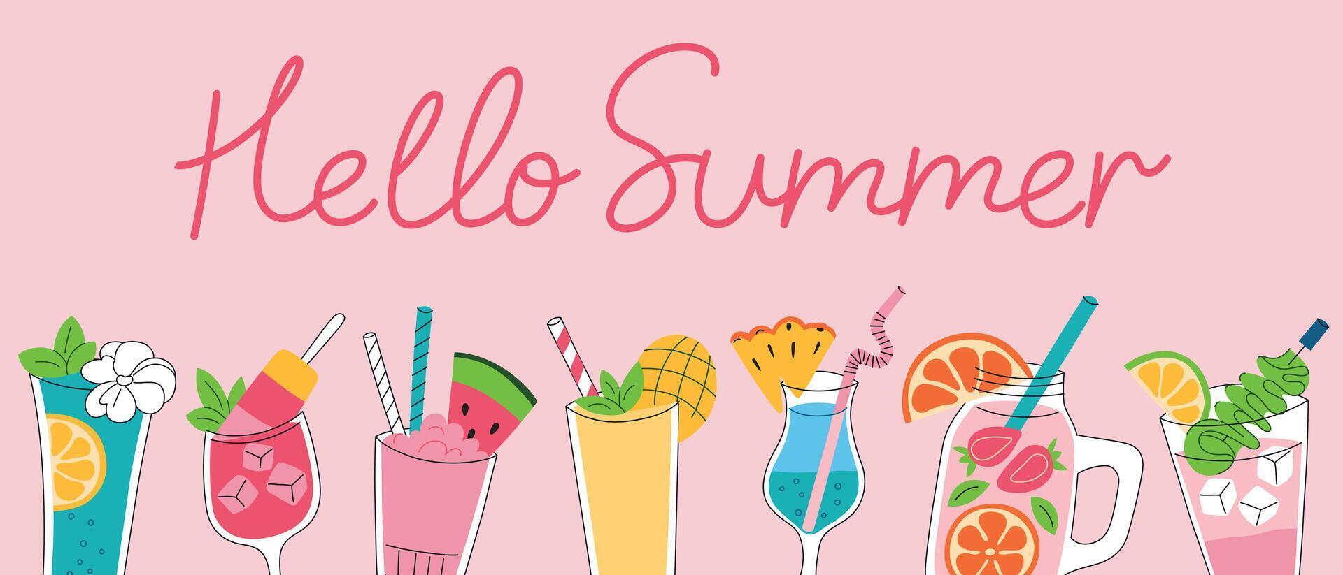 Hello summer banner with hand lettering, illustrations of refreshing drinks, flat cartoon doodle icons of cocktails and beverages on pink background. Bright, colorful and cheerful design vector