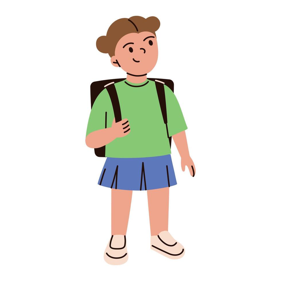 illustration of cartoon school girl with backpack, wearing green shirt and blue skirt. Cute and happy child standing confidently. Elementary student character. Flat and modern style vector