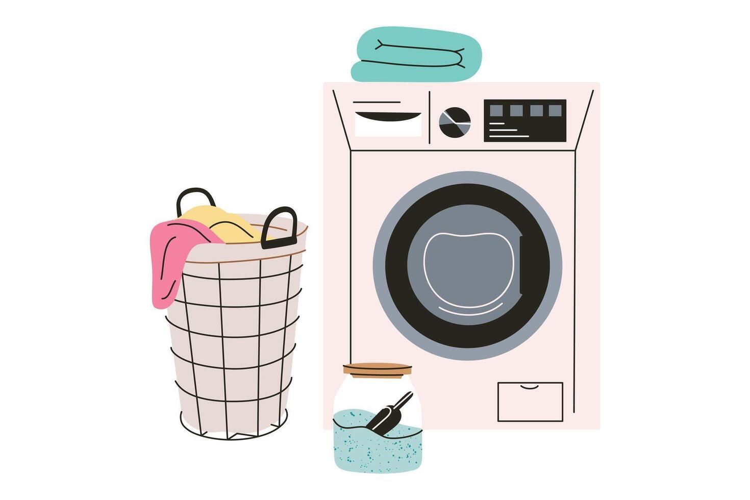 illustration of washing machine and glass jar with detergent, and laundry basket with colorful clothes. Simple, cartoonish, and flat composition of home cleaning, and household chores vector