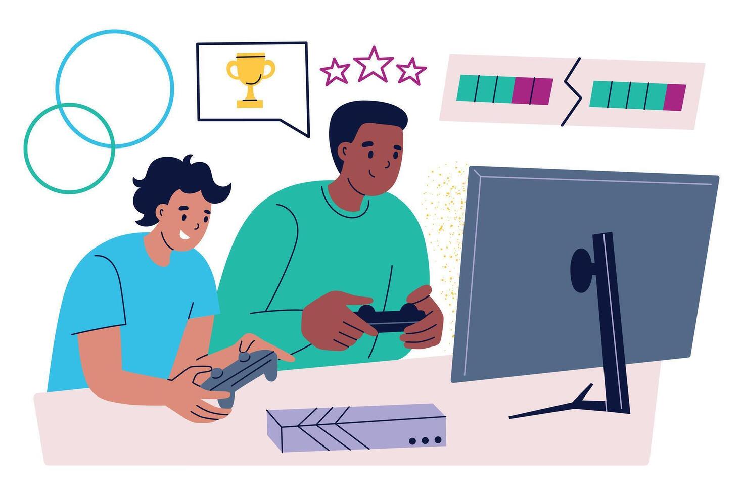 illustration of two gamers playing game on console, friends competing in esports match. Composition with cartoon characters, monitor, controllers, and trophy, teamwork and gaming culture vector
