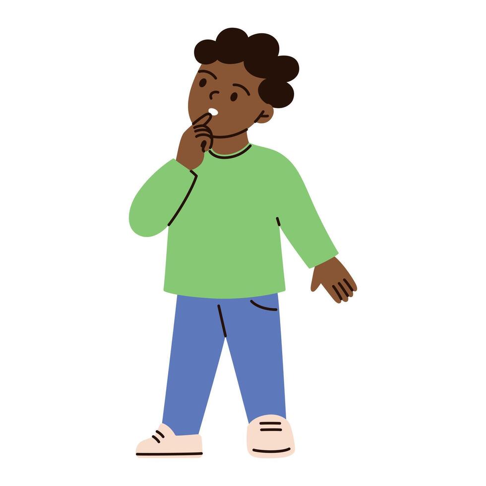 illustration of cartoon boy in casual clothing, standing and thinking with curious expression. Flat and doodle style, child with confusion, hesitation, and decision making emotions vector