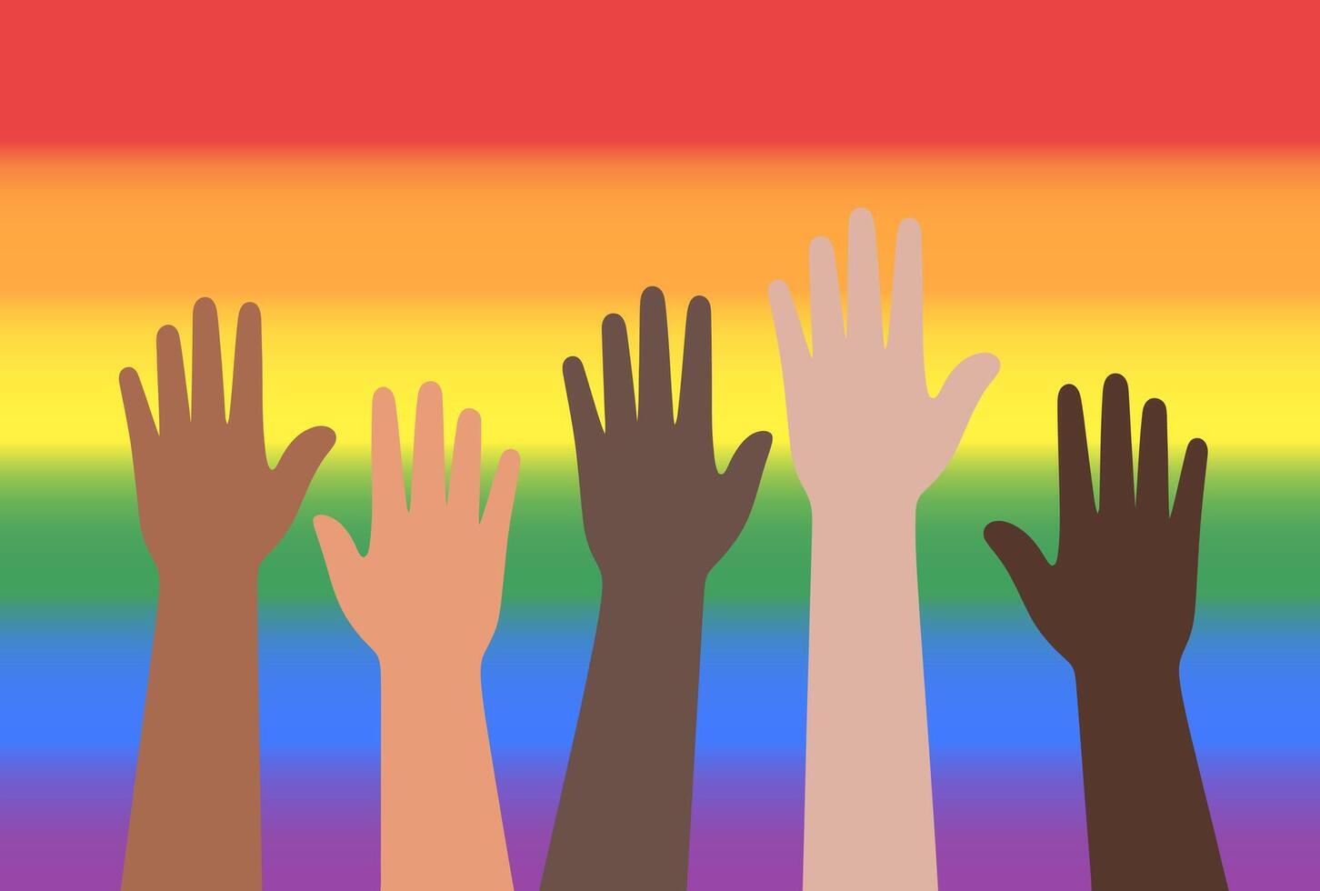 Raised hands with different skin color against the background of the rainbow flag - multiculturalism and diversity. vector