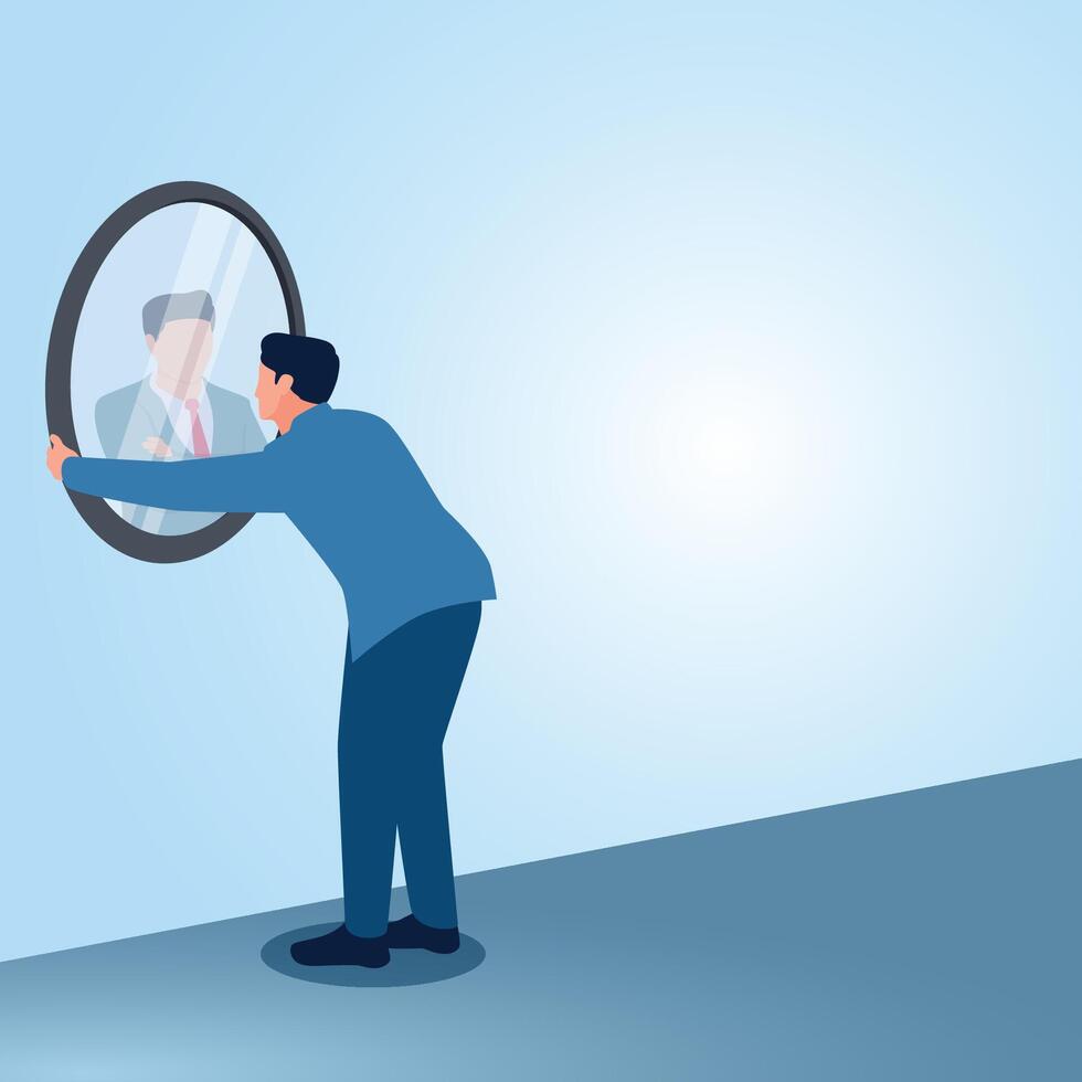 A man looking in the mirror. Illustration for fighting yourself, self-confidence and being positive. vector