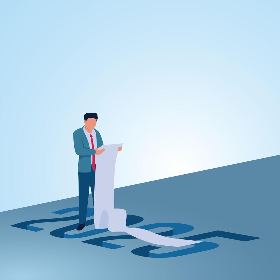 A man looks at the details of a target list above the shadow of the number 2025. Illustration for new year goals, new targets and new challenges. vector