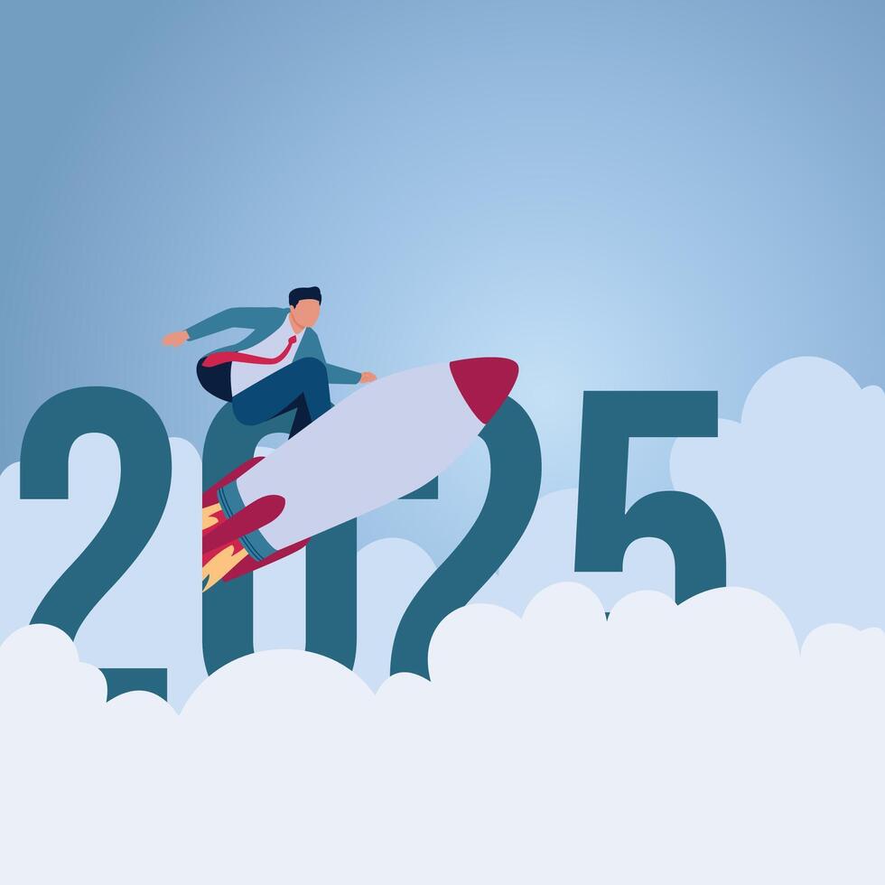 A man riding a rocket above the number 2025. Illustration for new year goals, new targets and new challenges. vector