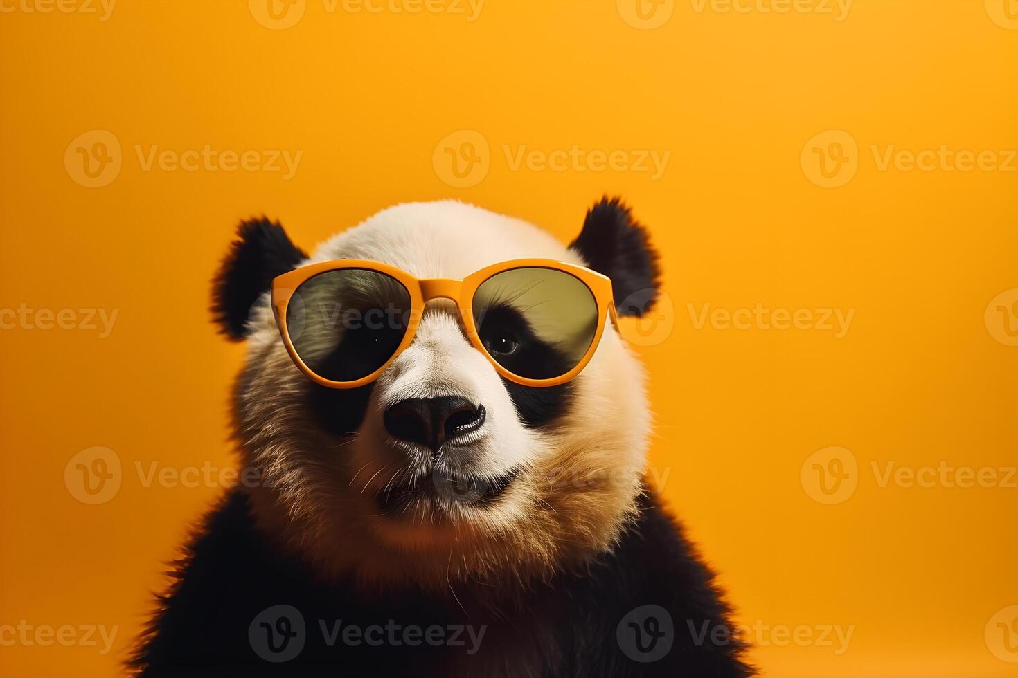 Funny panda wearing sunglasses in studio with a colorful and bright background. photo
