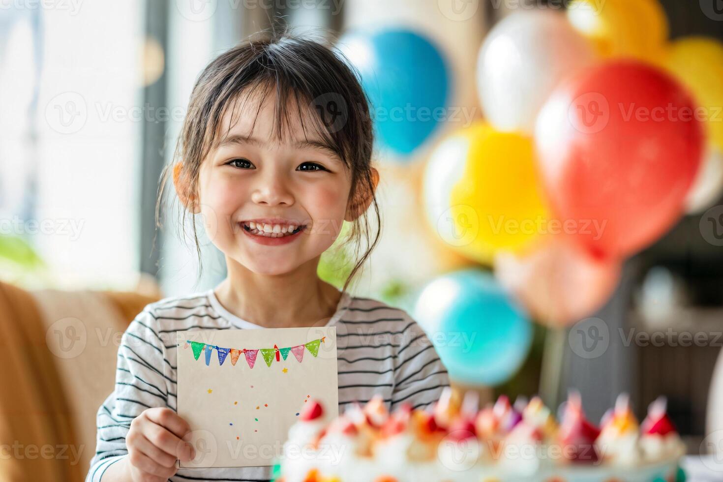 Kid Celebrates Mother's Birthday With a Joyful Smile and Cake photo