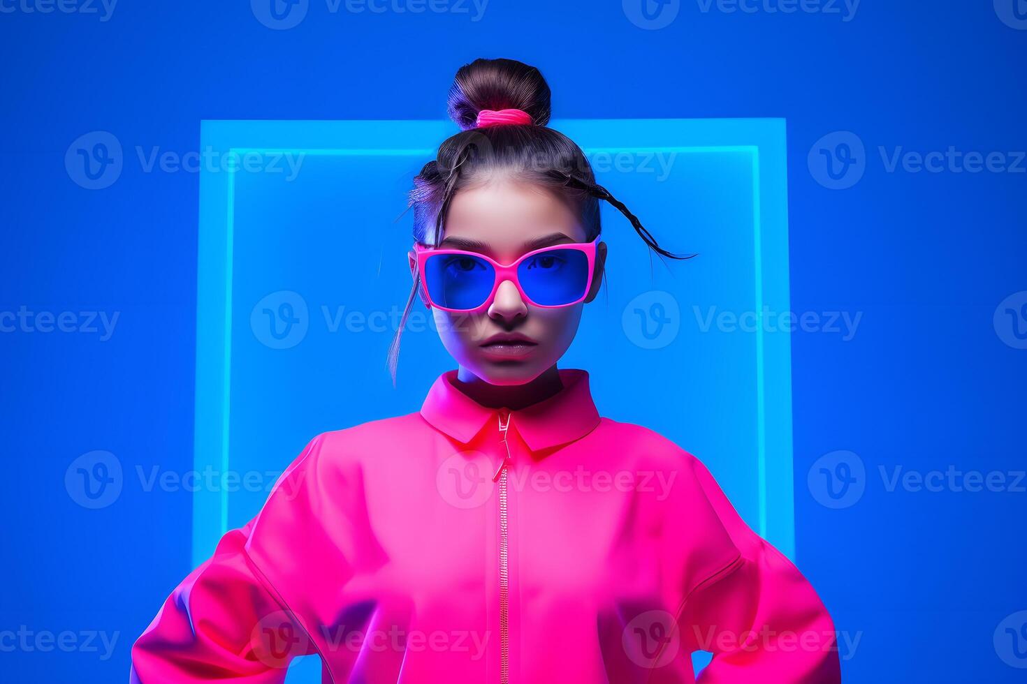 Vibrant Minimalist Studio Portrait of a Stylish Model in Bright Attire photo