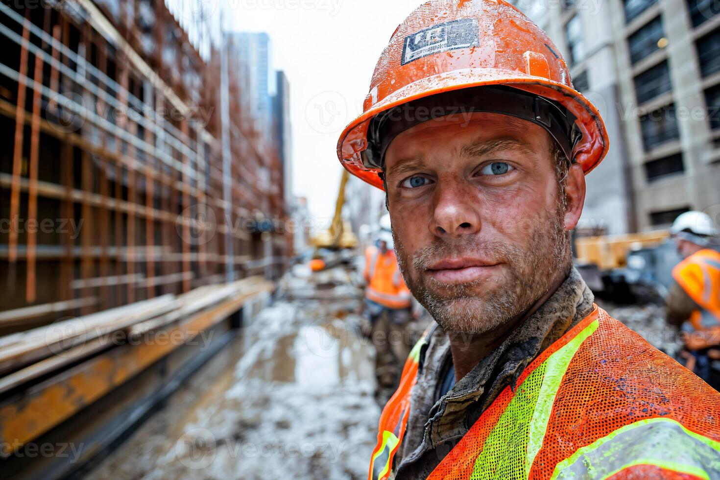 Working Class Man in Hard Hat on Construction Site in Rainy Weather photo
