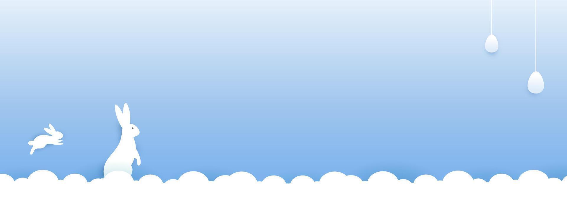 Blank Happy Easter day concept with paper cut clouds, rabbit, eggs. vector