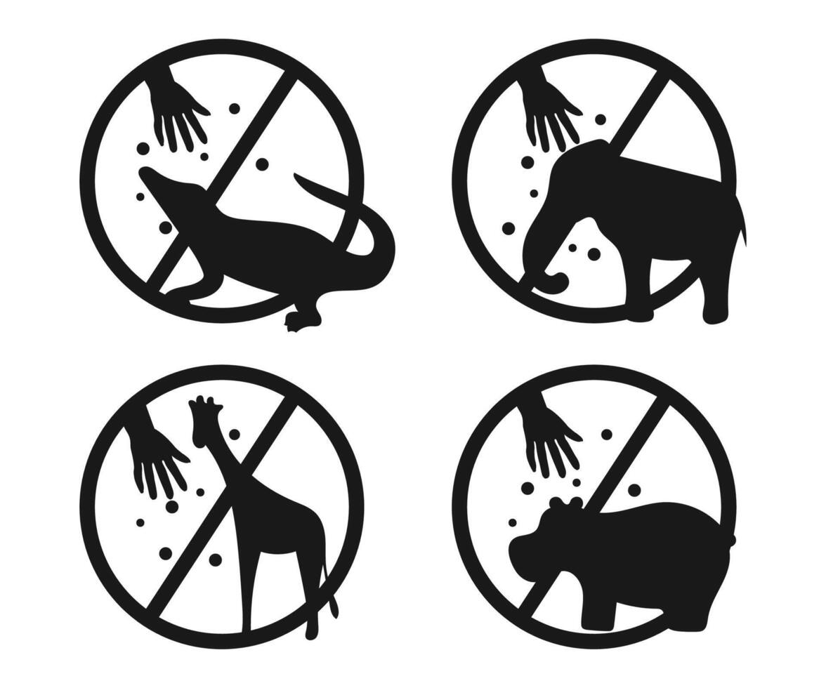 Prohibition signs featuring a hand offering food to wild animals, including crocodile, elephant, giraffe, and hippopotamus, not feeding zoo animals vector