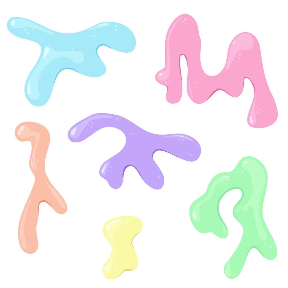 Colorful slime dripping in a variety of shapes and hues creates a playful, vibrant illustration on a white background, fun and glossy texture vector