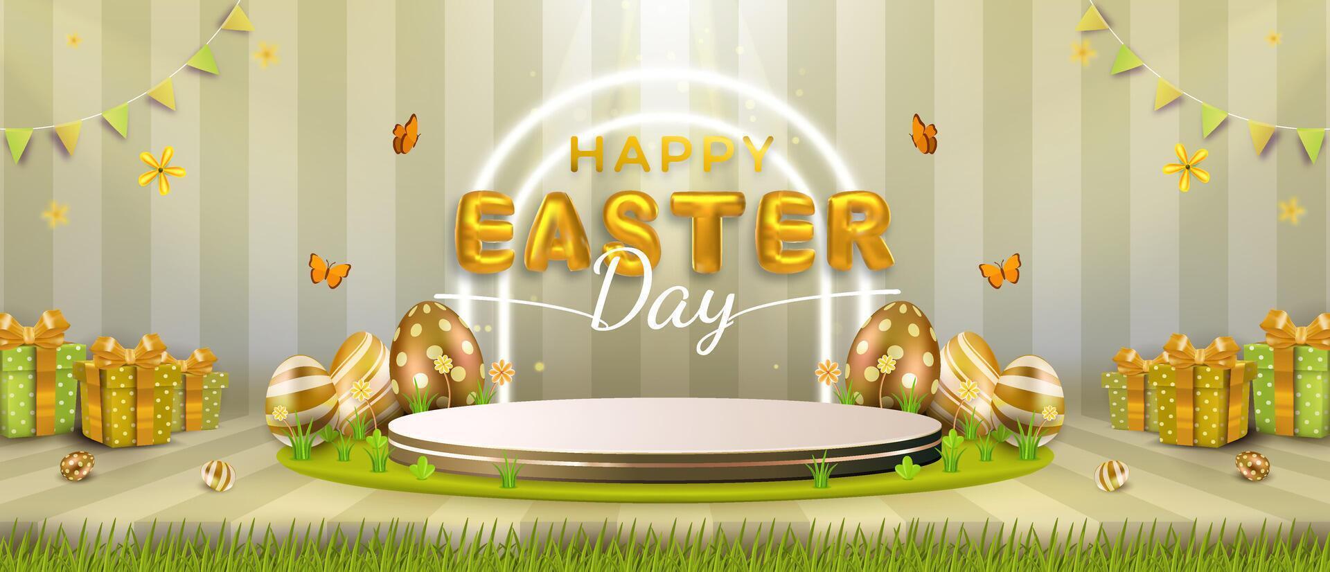 Happy easter day sale concept with podium, eggs and flowers with 3D realistic style . Suitable for banner, flyer, greeting card and showcasing product. vector