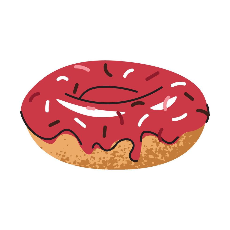 Sweet whole donut, doughnut ring with strawberry icing and candy sprinkles. Flat cartoon illustration isolated on white background vector
