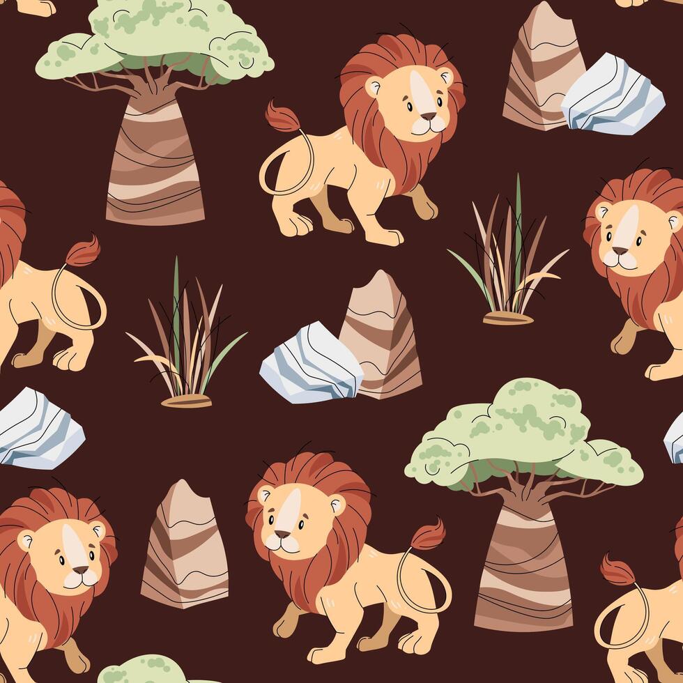 Seamless pattern with African animals. Cute childish texture with lion, baobab and grass. illustration for children s wallpapers, background vector