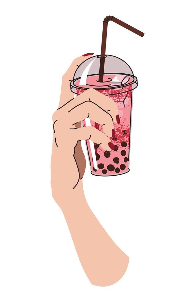 Hand holding Bubble Milk Tea in a plastic cup with a straw. Delicious drink with tapioca and milk. Flat cartoon illustration isolated on white background vector