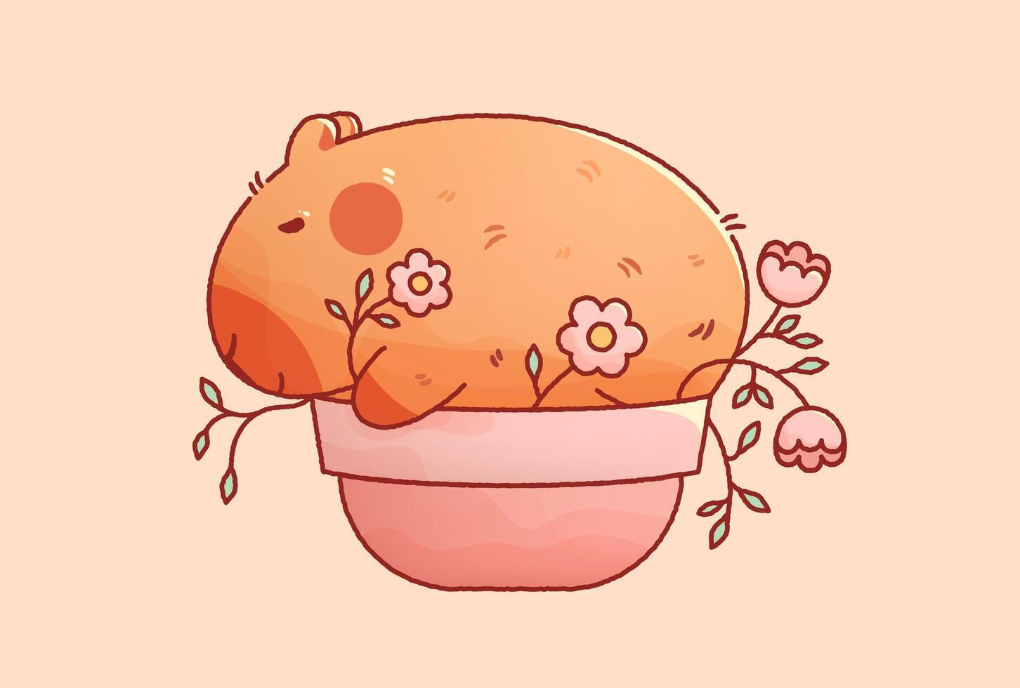 Kawaii capybara sleeping in a flower bed. vector
