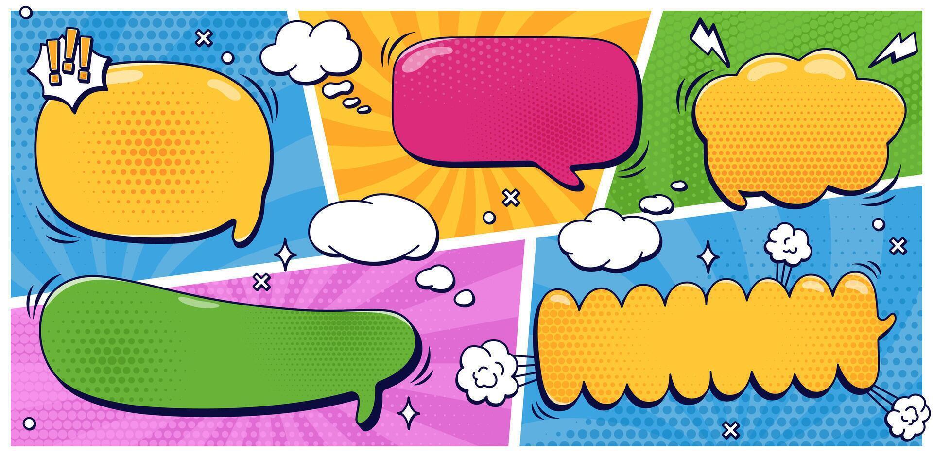 Pack with speech bubbles without text and halftone elements on color groovy shape pattern. vector