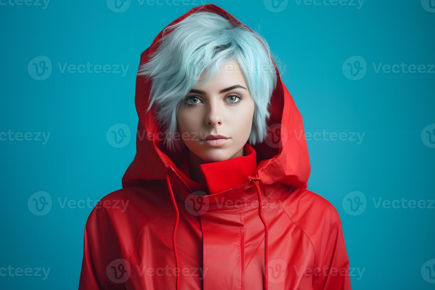 Colorful studio portrait of a young woman wearing cold weather clothes to keep her warm. Autumn or winter outfit. Bold, vibrant photo