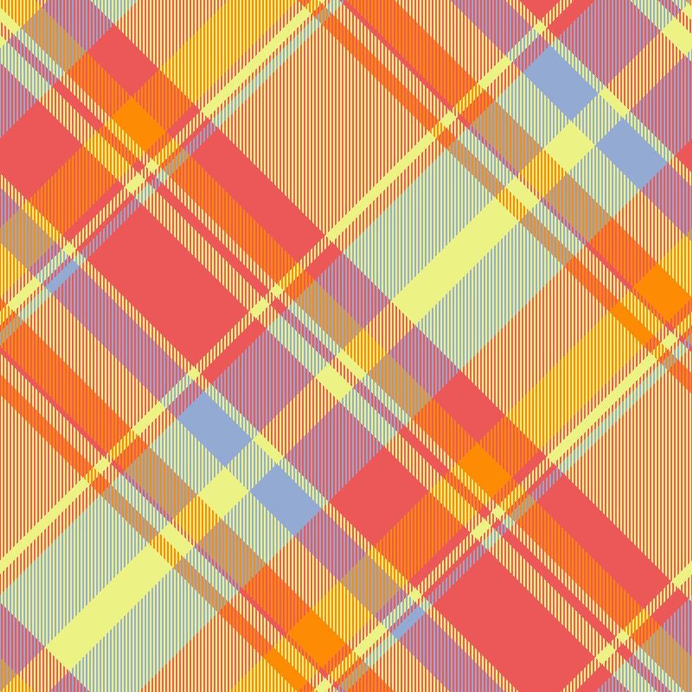 Vibrant diagonal plaid pattern in cheerful pastel and orange hues. Perfect for textile design, website backgrounds, or fashion projects. vector