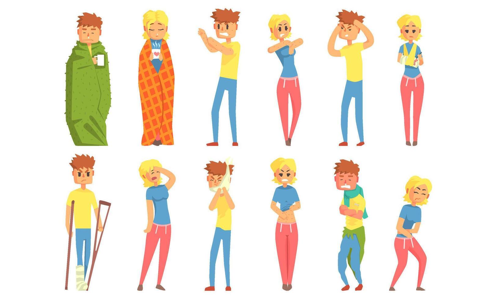 Sick People Set, Unhealthy Men and Women Characters Suffering from Different Diseases Illustration vector