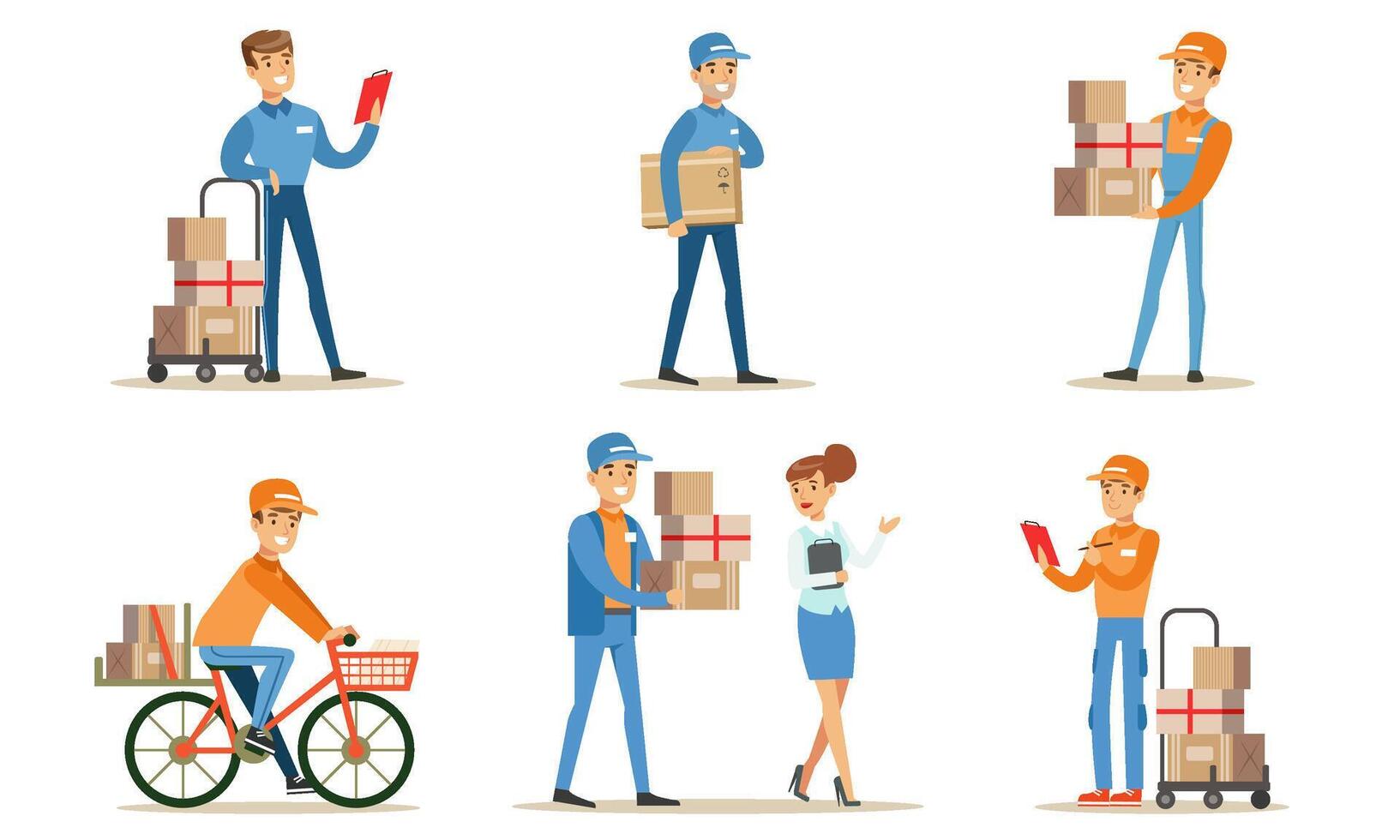 Delivery Service and Logistics Set, Couriers Characters Delivering Packages to Clients Illustration vector