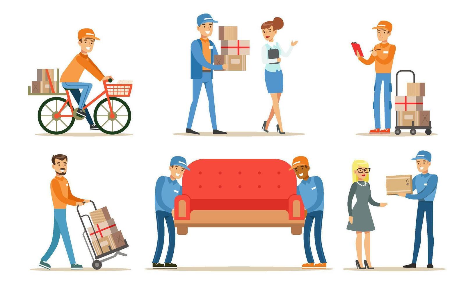 Delivery Service Workers Set, Couriers Characters Delivering Packages and Furniture to Clients Illustration vector