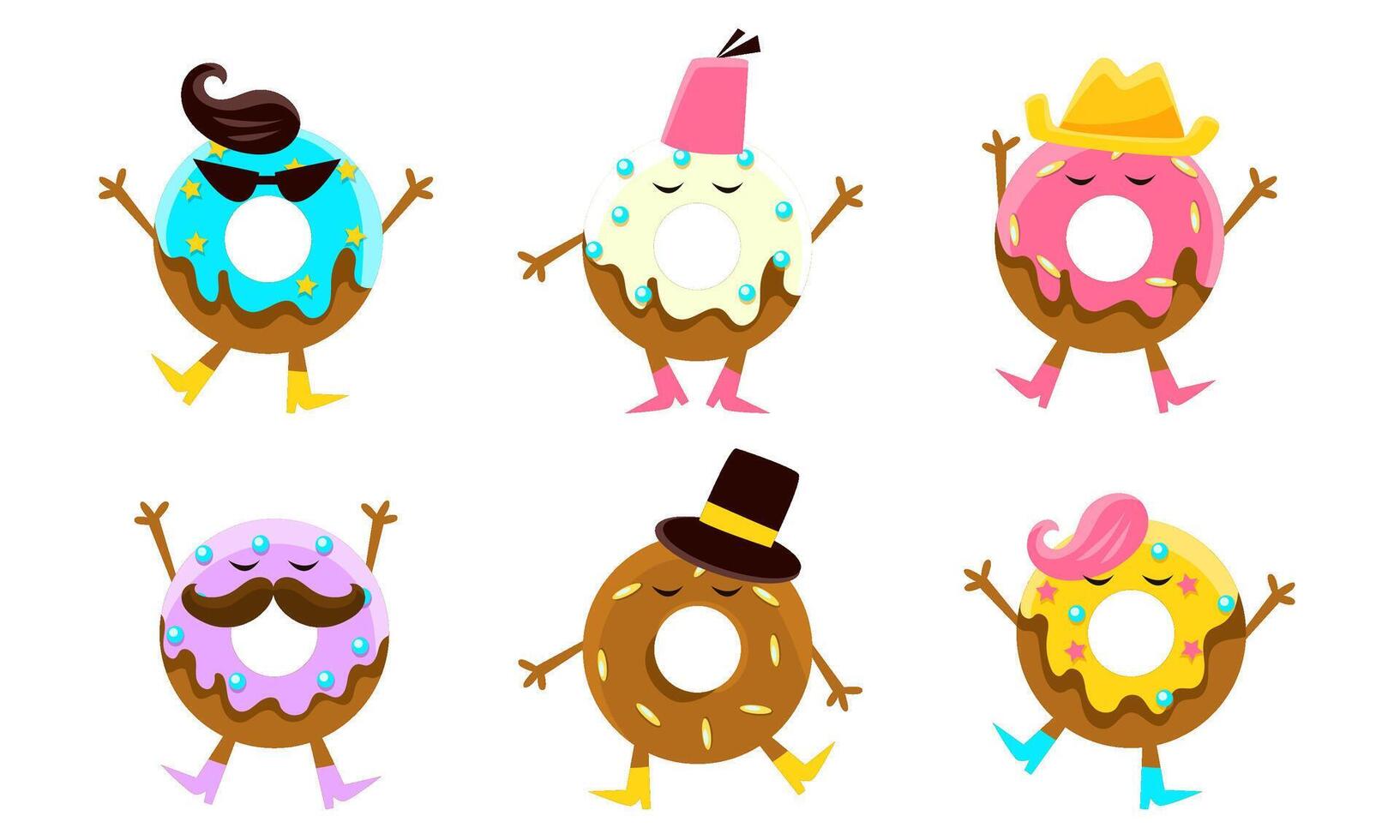 Funny Donut sCartoon Characters Set, Sweet Humanized Doughnuts with Arms and Legs Illustration vector