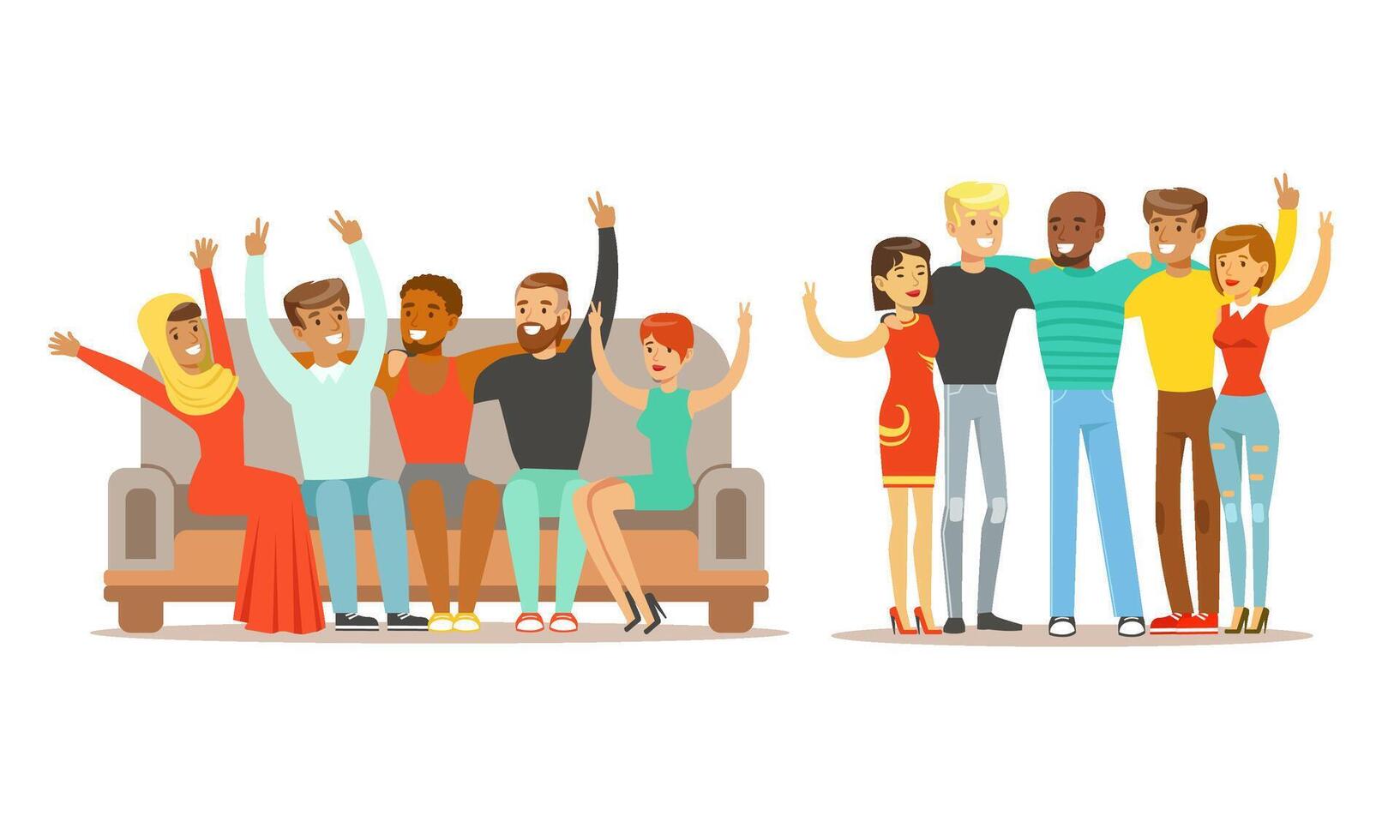 Happy People of Various Nationalities Standing Together and Showing Victory Sign GesturesVector Illustration vector