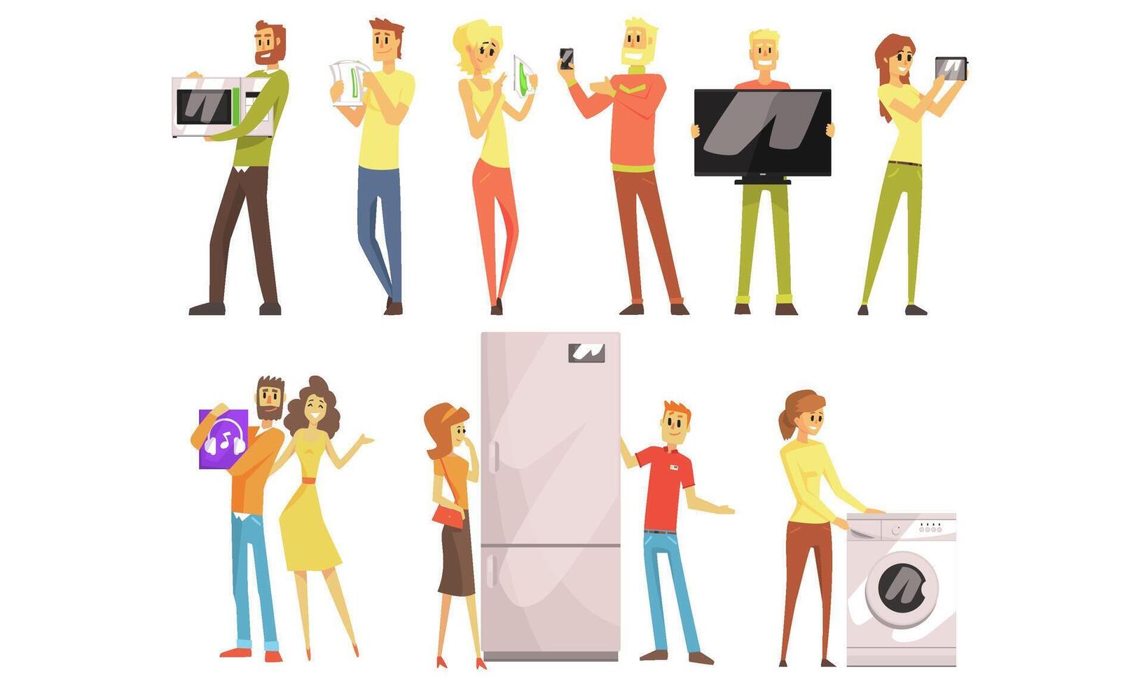 Smiling People Shopping for Household Appliances Set, Men and Women Choosing and Buying Electronics in Store Illustration vector
