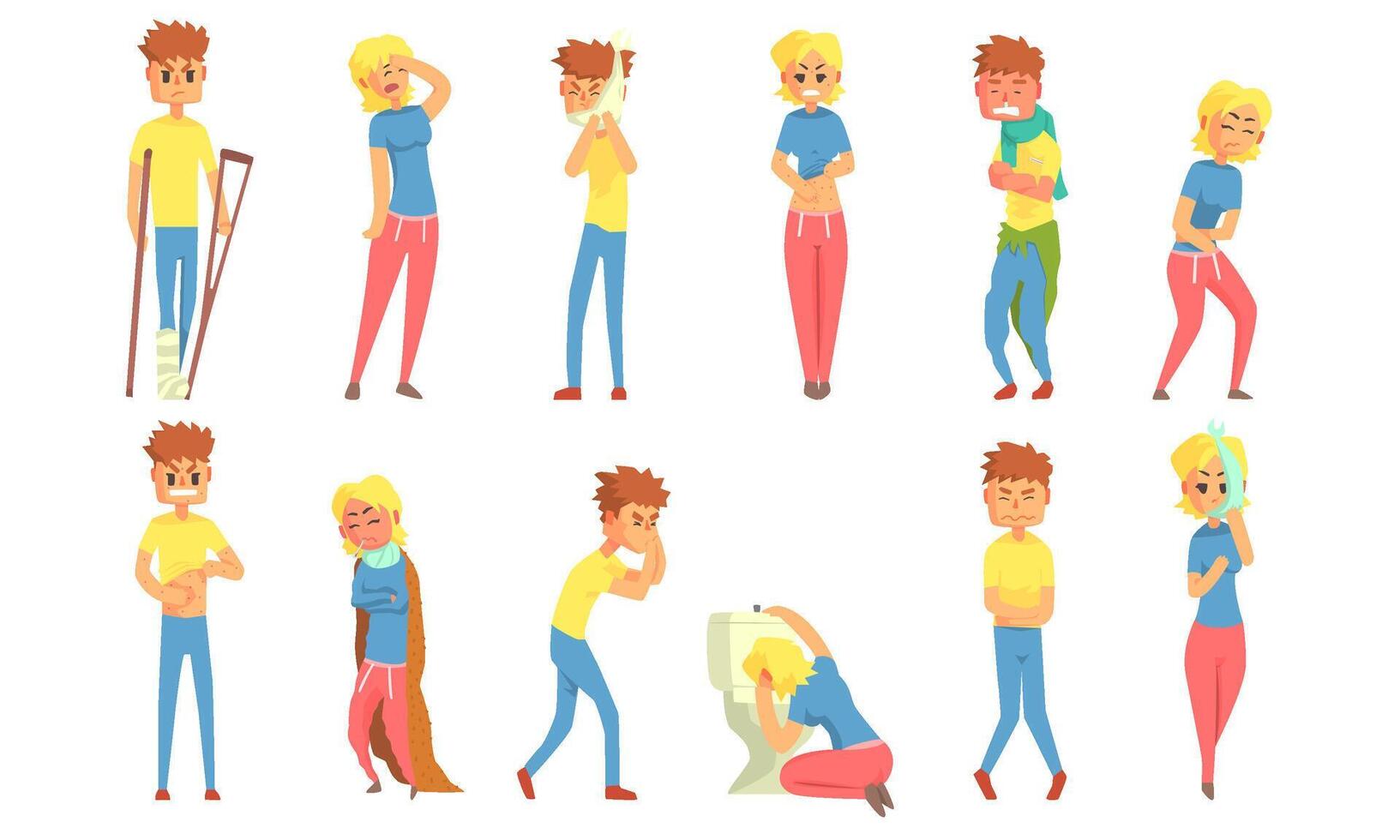 Sick People Set, Men and Women Characters Suffering from Different Diseases Illustration vector