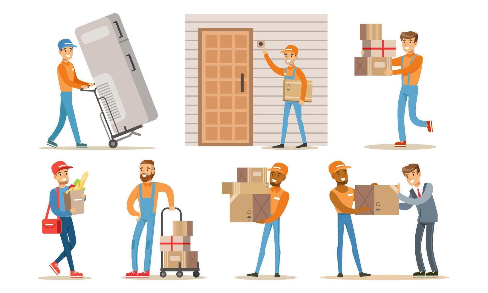 Delivery Service Workers Set, Couriers Characters Delivering Packages, Household Appliances and Groceries to Clients Illustration vector