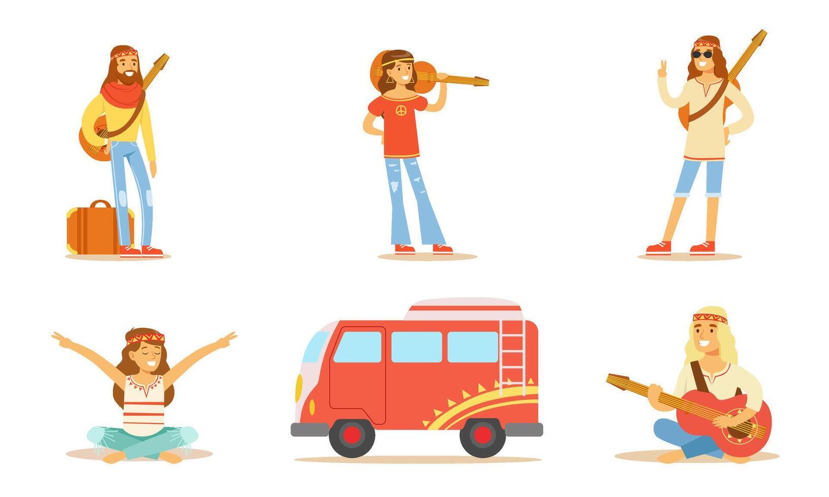 Men and Women Hippie Characters Set, People Wearing Hippie Clothes of the 60s and 70s Playing Music and Travelling Illustration vector
