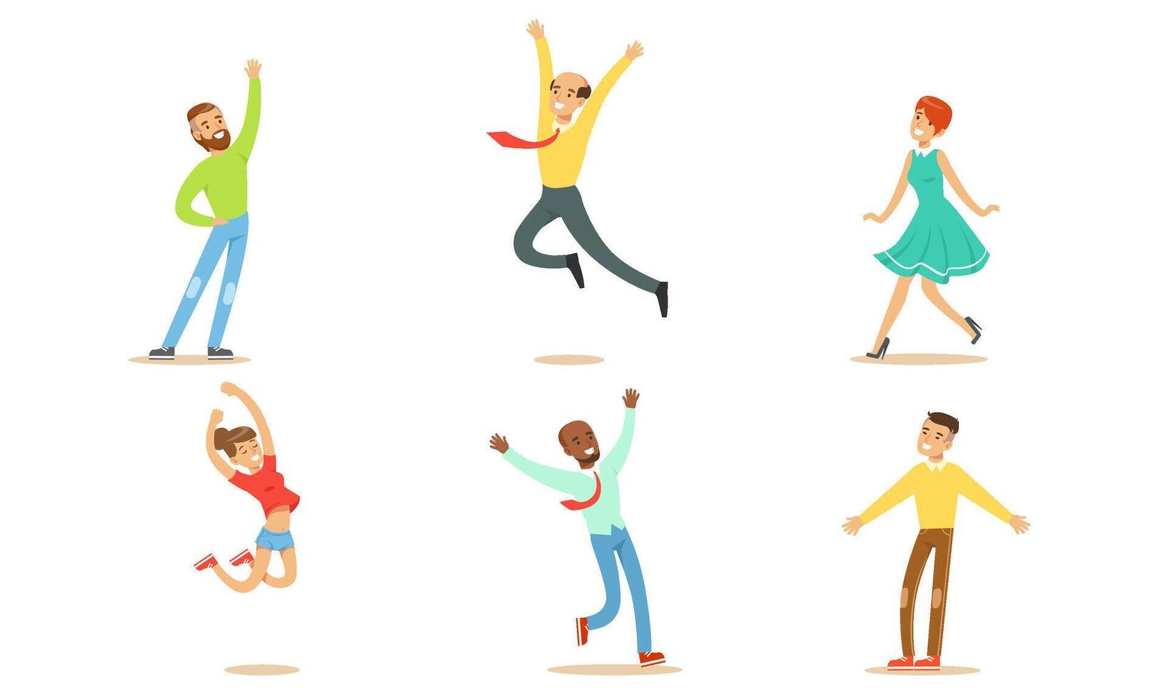 Happy People in Various Poses Set, Young Men and Women Rejoicing at an Important Event Illustration vector