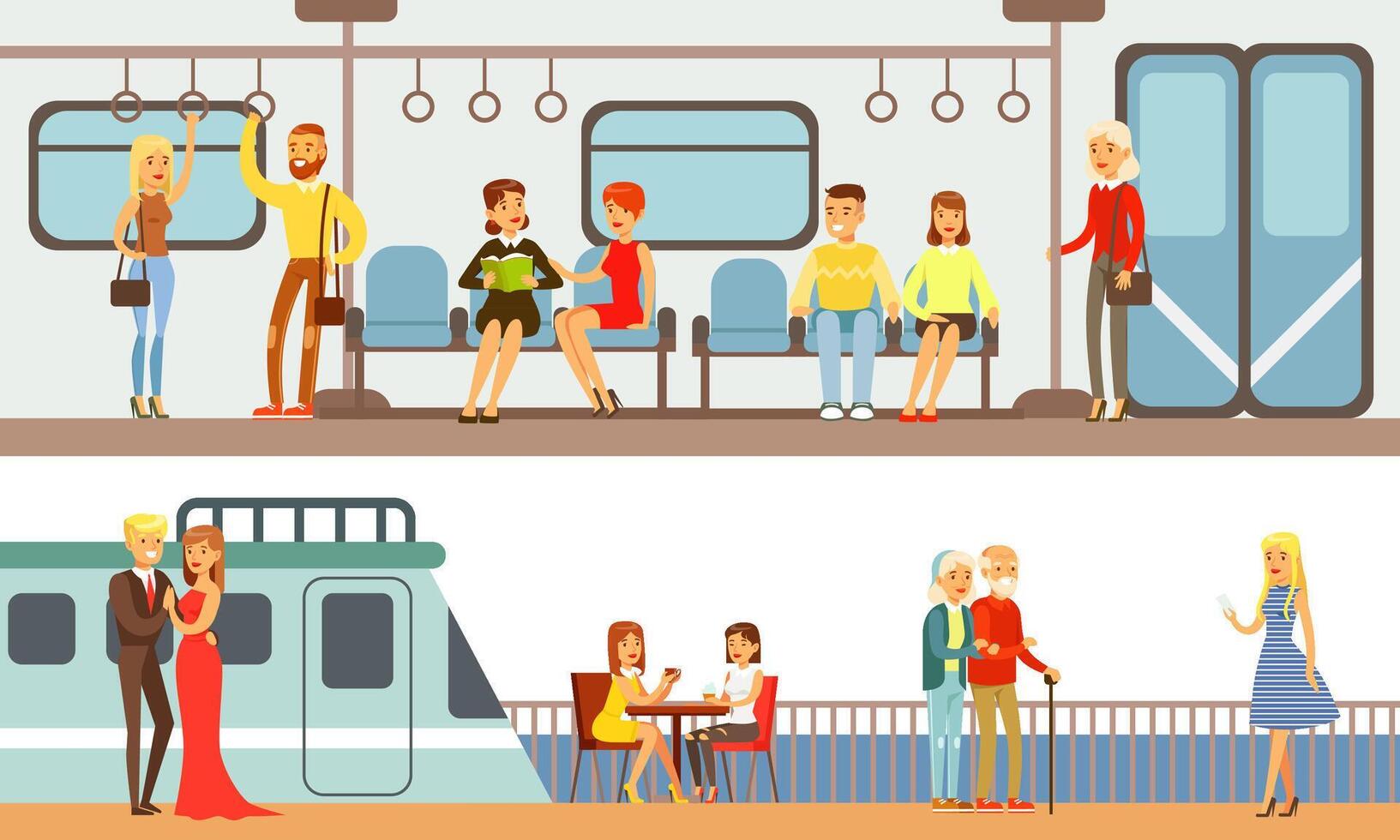 People Using Public Transport Set, Passengers of Underground and Cruise Ship Illustration vector