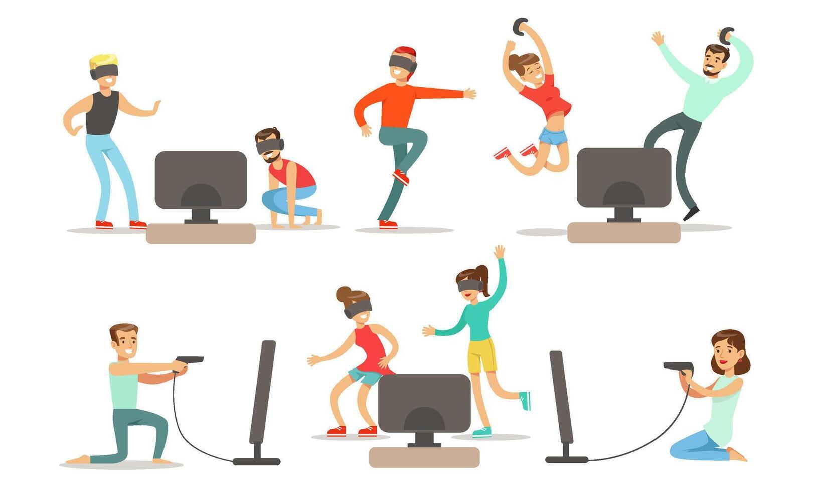 People Playing Games and Dancing Wearing Vr Glasses, Shooting with Virtual Gun, Men, Women and Kids Relaxing at Home Illustration vector