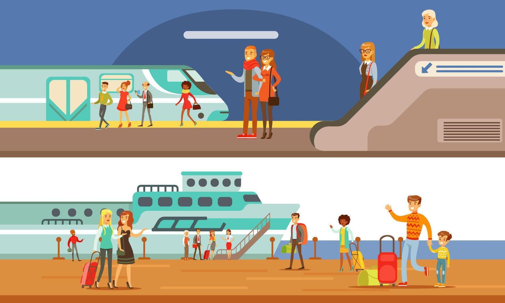 People Using Public Transport Set, Passengers of Underground and Cruise Ship, Subway Underground Modern Interior Illustration vector